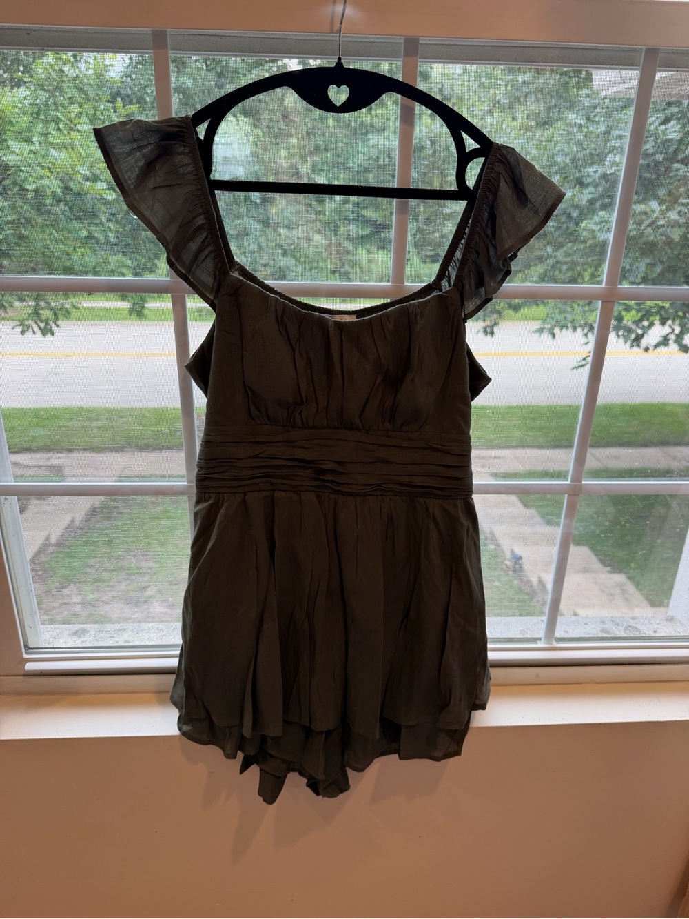 Francesca's Collections Olive Green Ruffle Strap romper